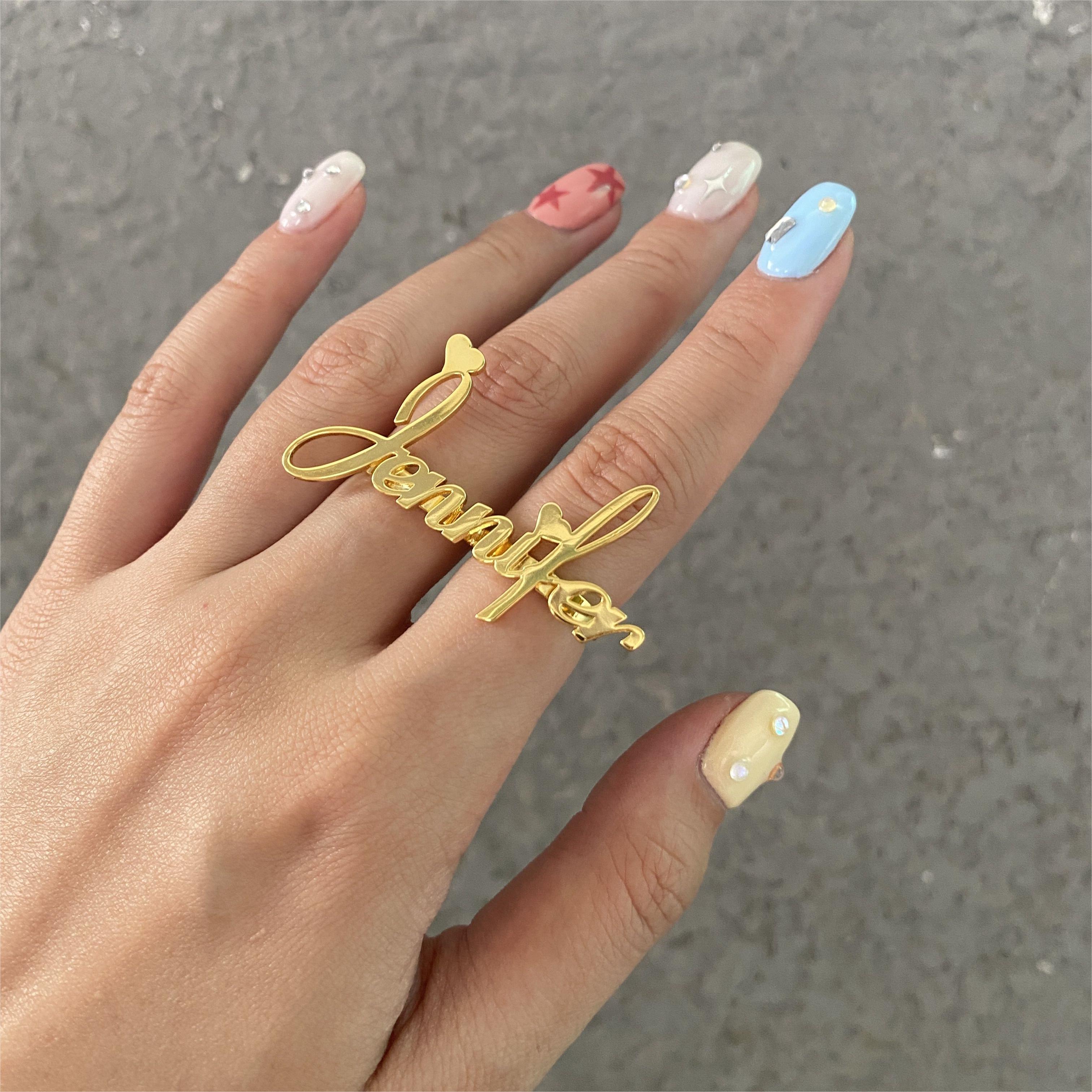 Two Finger Ring Personalized Custom Gold Plated Adjustable Love Heart Name Ring-silviax