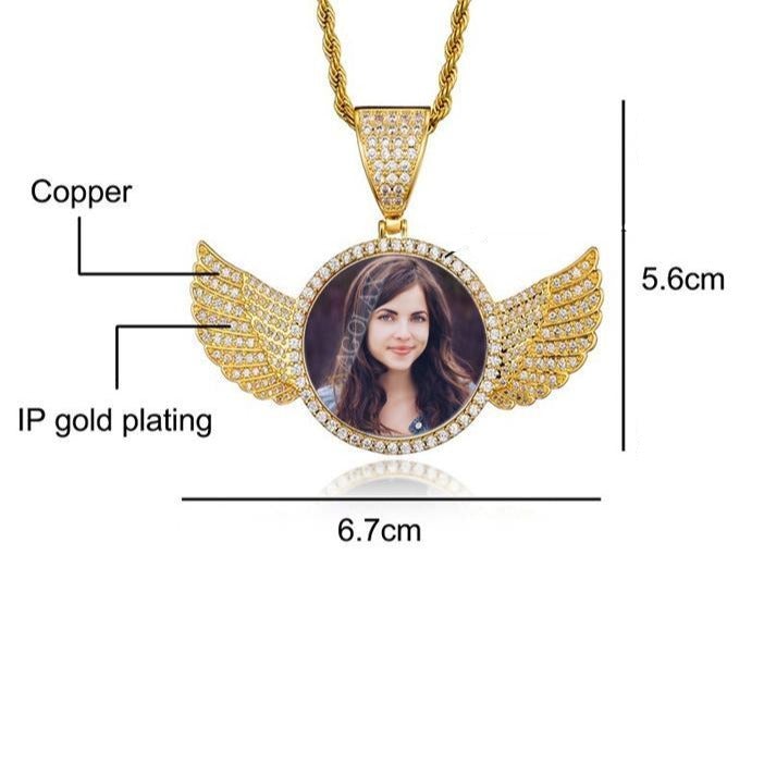 Angel Wings Round Pendant Customized Gold Plated Photo Necklace-silviax