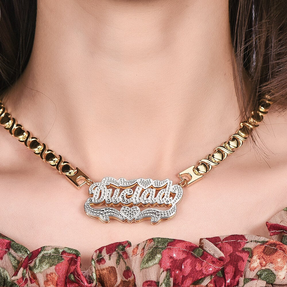 Double Layer Two Tone Nameplate Heart with XOXO Chain Personalized Custom Gold Plated Name Necklace-silviax