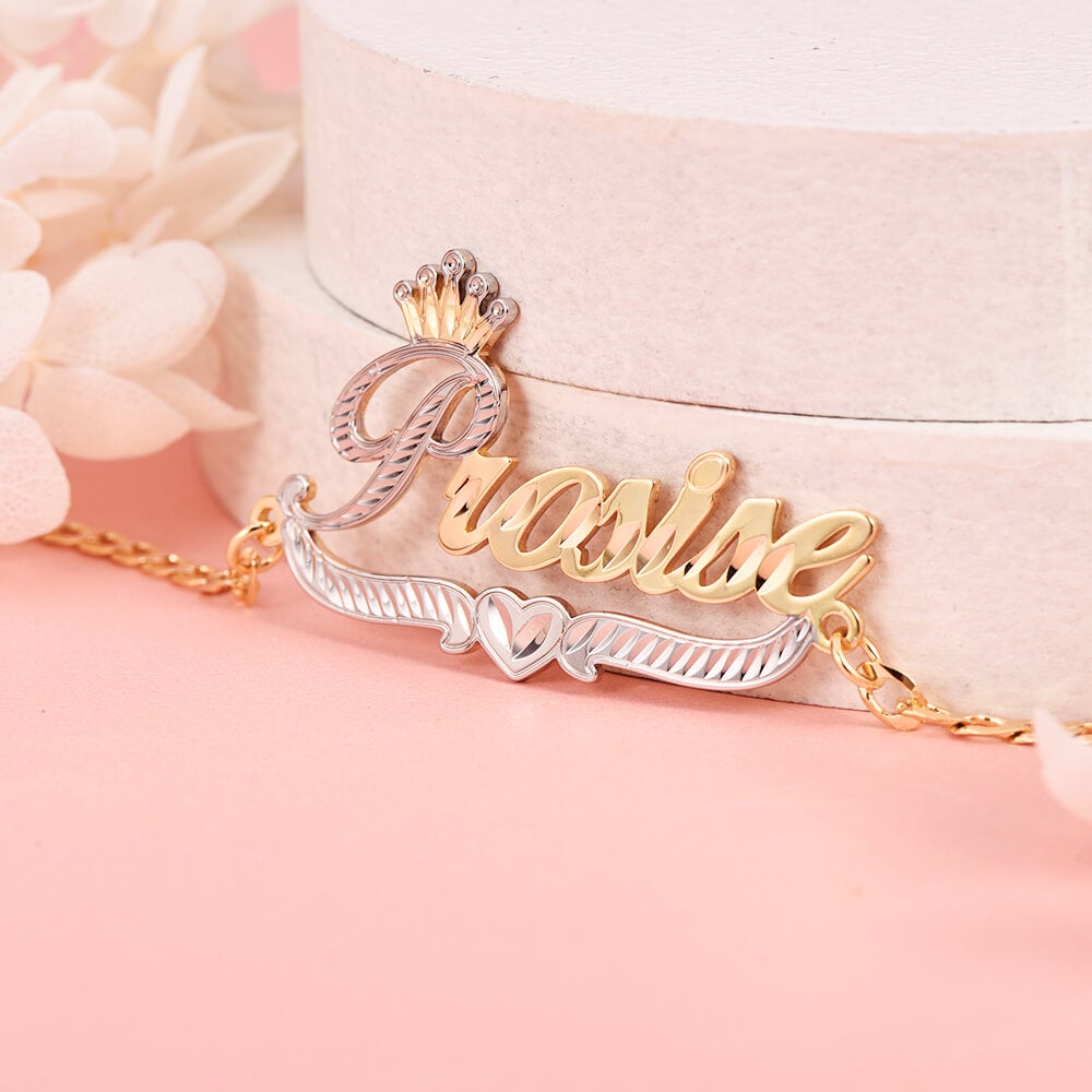 Two Tone Crown Heart Personalized Custom Gold Plated Name Bracelet-silviax