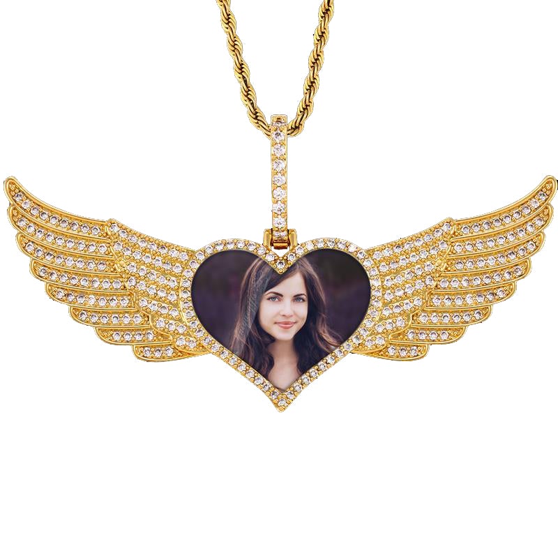 Angel Wings Heart Pendant Photo Necklace Gold Plated-silviax
