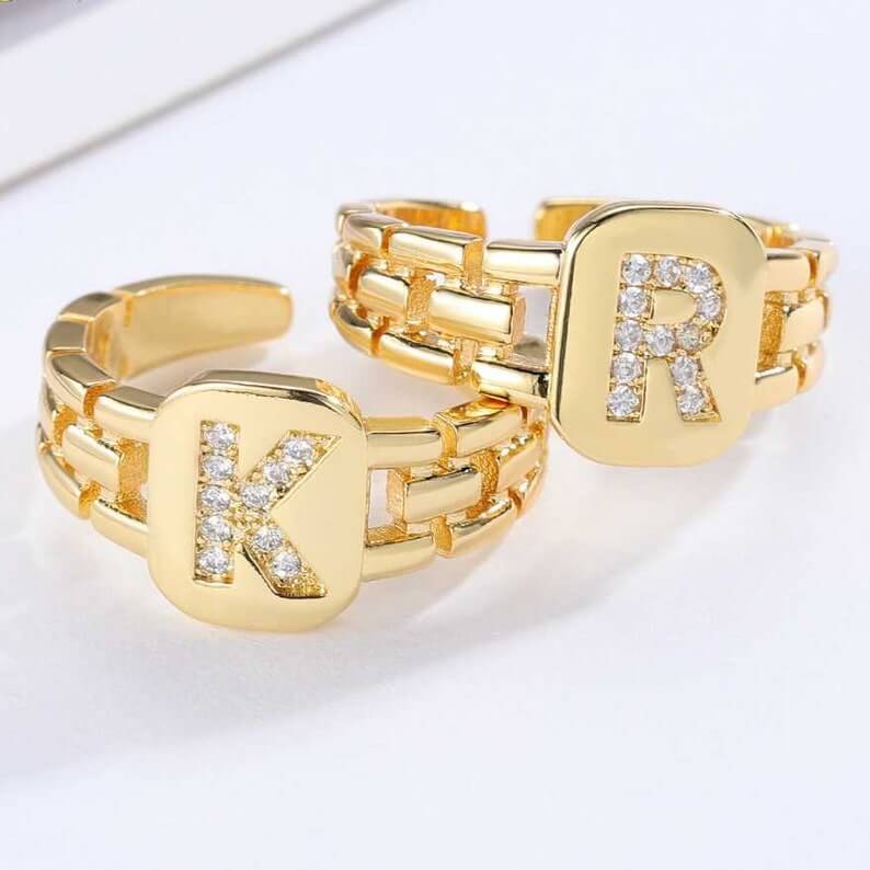 A-Z Letter Inlaid Zircon Open Watchband Square Ring Personalized Custom Initial Ring-silviax
