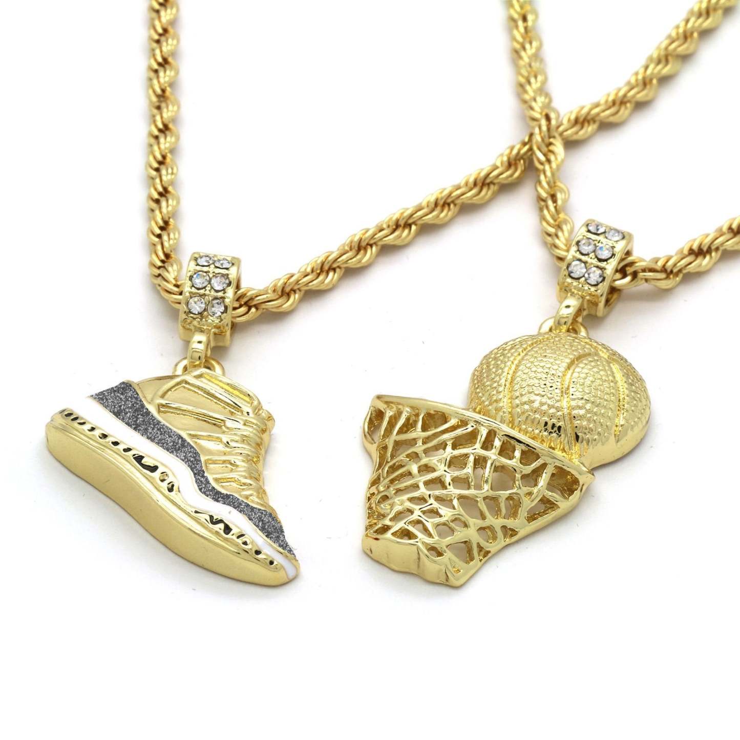 Hip Hop Retro Shoes Pendant & Basketball Basketball Hoop Pendant Gold Plated Necklace-silviax