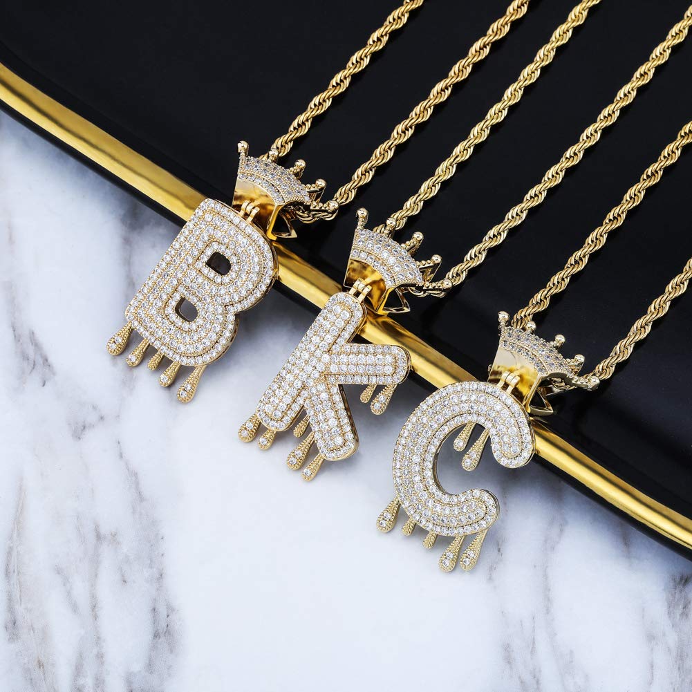 Gold Plated Crystal Dripping Crown Letter Initial Necklace-silviax