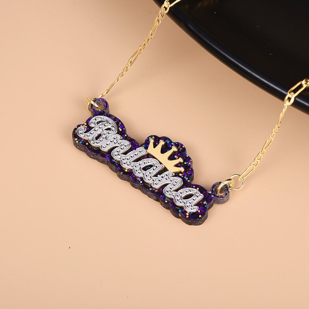 Acrylic Double Plate Two Tone Nameplate with Crown Personalized Custom Gold Plated Name Necklace-silviax