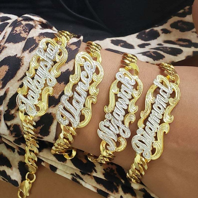 Double Layer Two Tone Name Bracelet and Crown Heart Necklace Custom Gold Plated Set-silviax