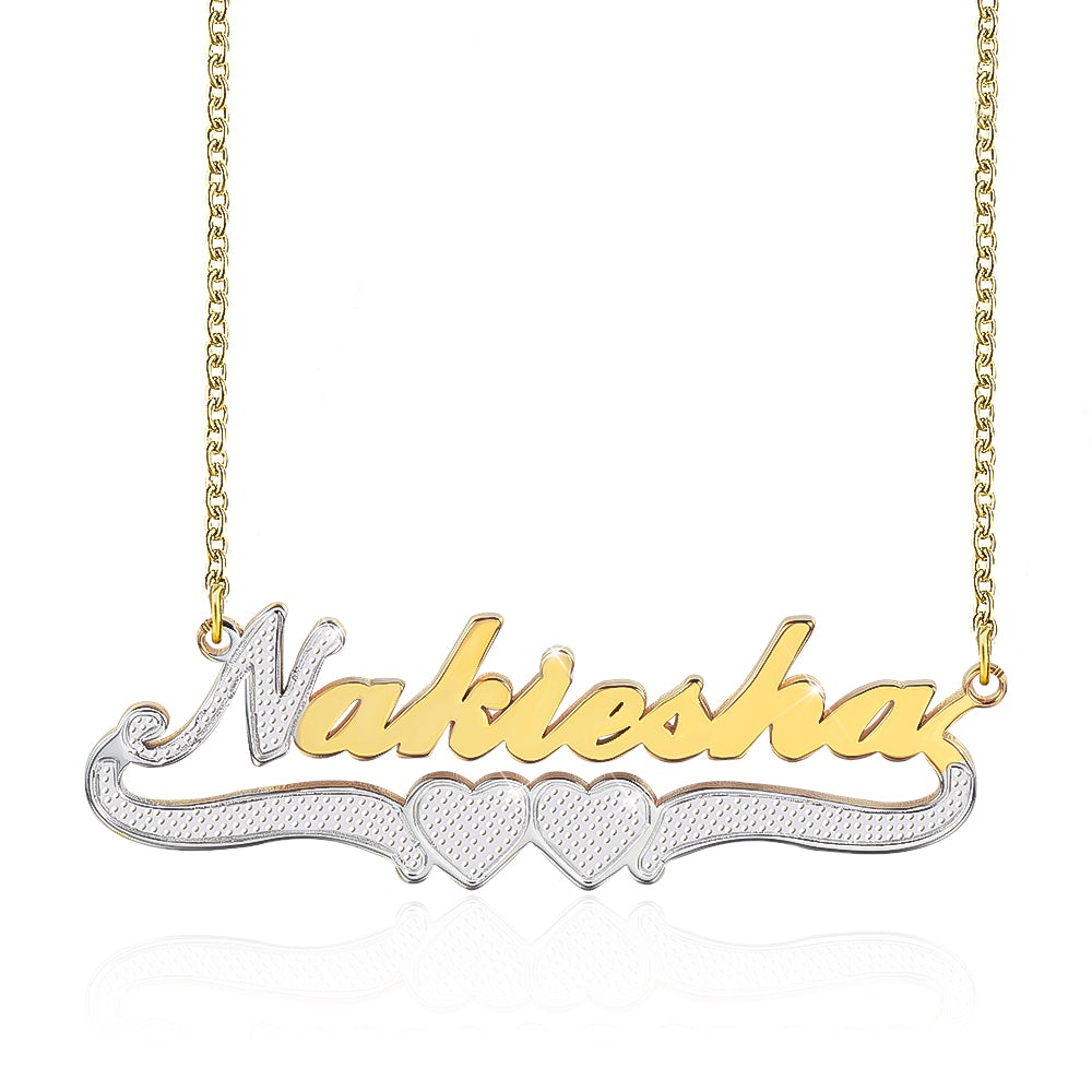 925 Sterling Silver Two Tone Personalized Custom Two Heart Name Necklace-silviax