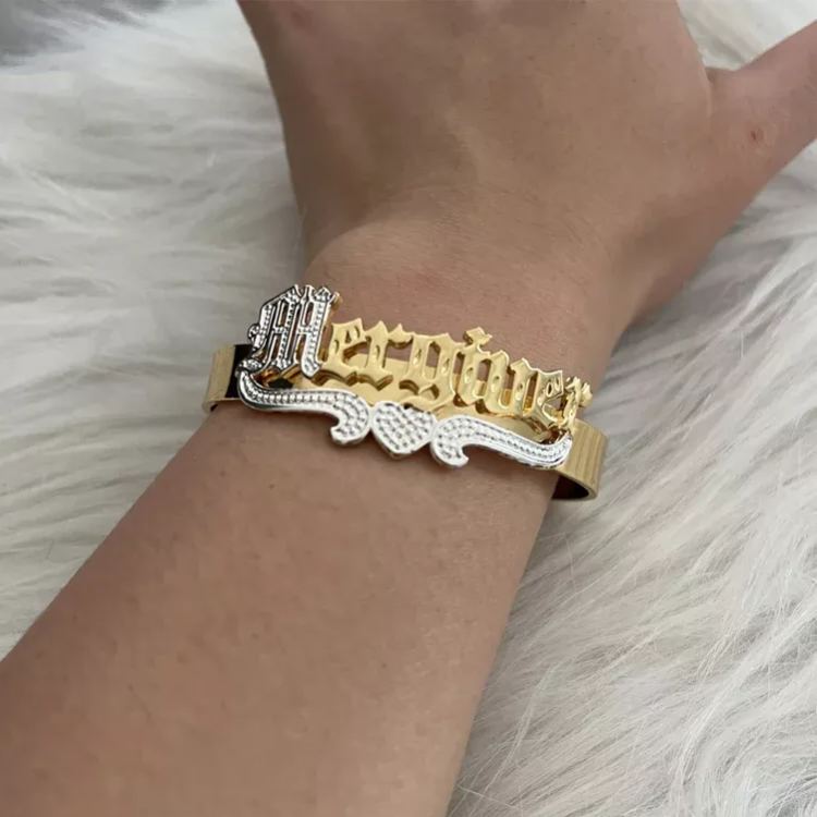 Old English Two Tone Nameplate with Crown Cuff Bangle Personalized Custom Gold Plated Name Bracelet-silviax