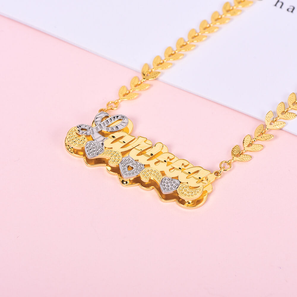 Double Layer Two Tone Heart Nameplate Pendant With Leaf Chain Personalized Custom Name Necklace-silviax