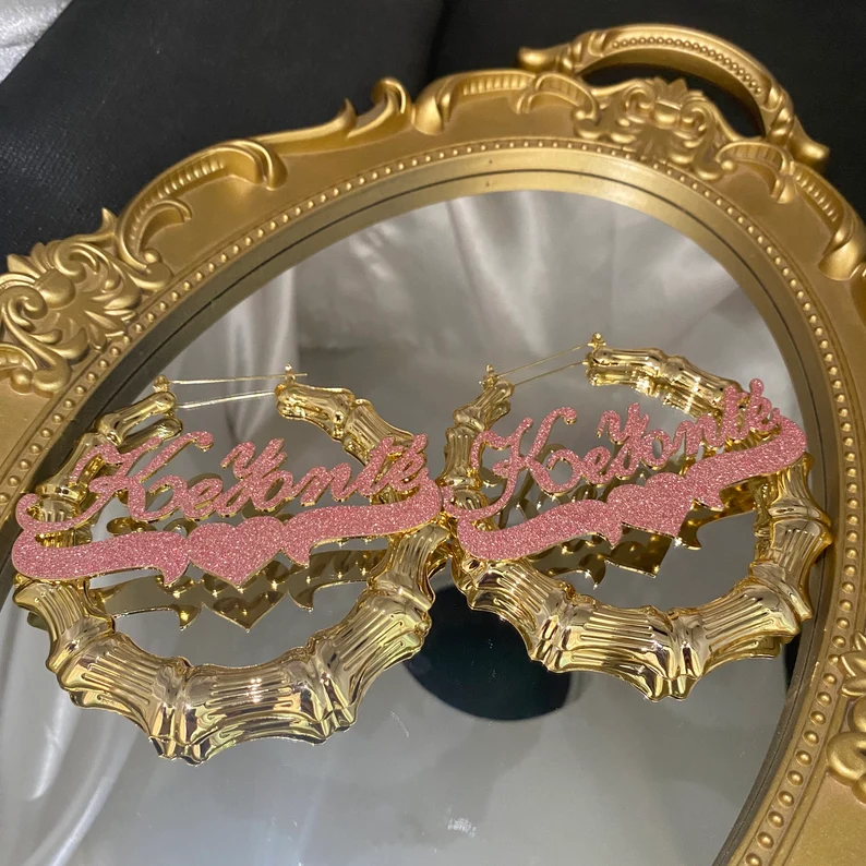Pink Color Nameplate with Heart Personalized Custom Bling Bamboo Name Earrings Mother Gift-silviax