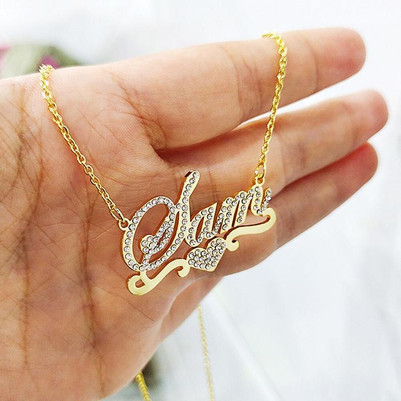 Love Heart Personalized Custom Gold Plated Name Necklace with Rhinestone-silviax