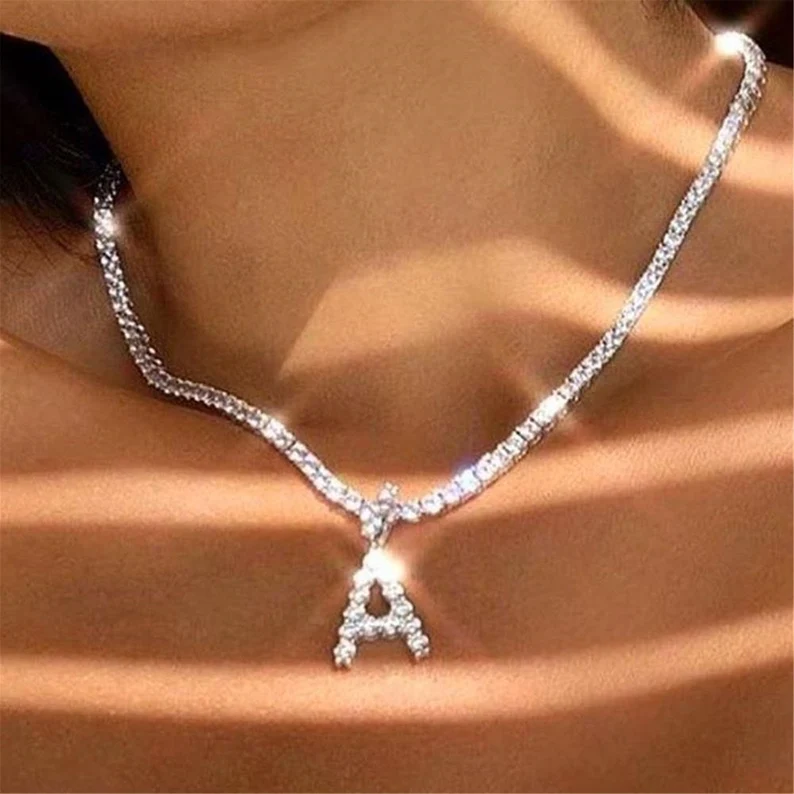 Iced Out Custom Personalized CZ Diamond A to Z Letter Pendant Initial Necklace Tennis Chain-silviax