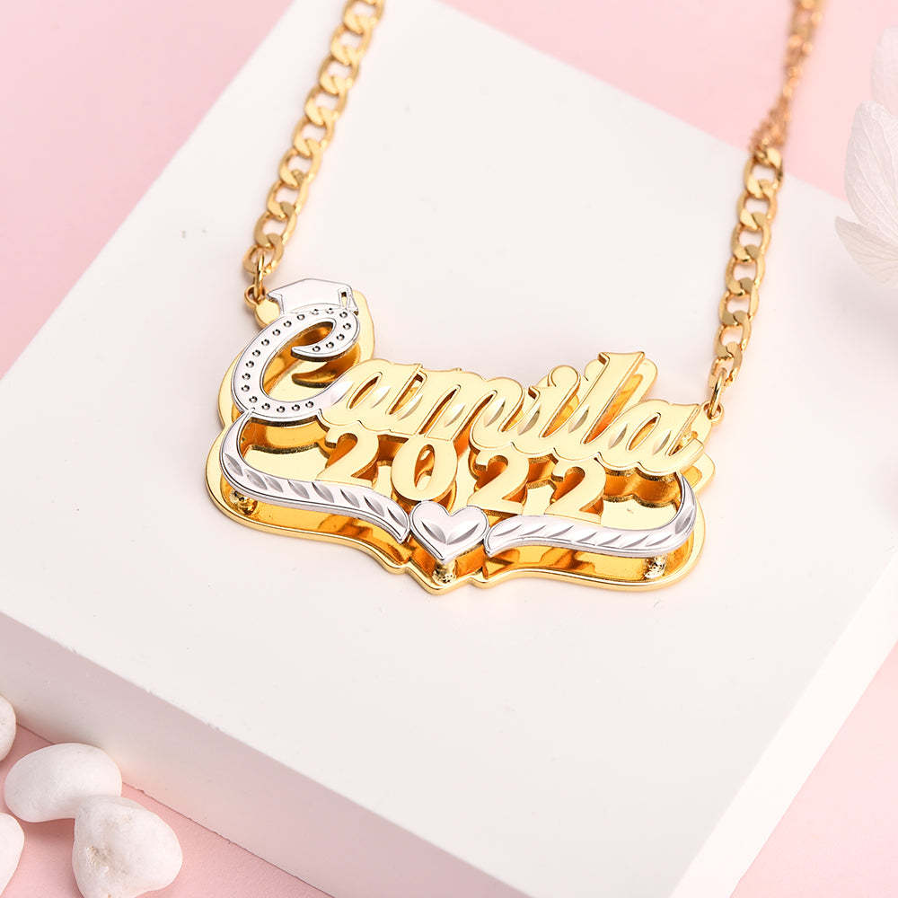 Double Plate Two Tone with Heart Personalized Graduation Cap Name and Year Necklace-silviax