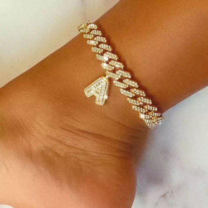 Personalized Cuban Link Iced Out Initial Letter Name Anklets-silviax