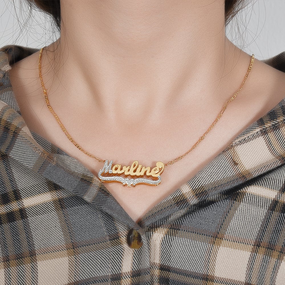 Two Tone Double Layer with Heart Gold Plated Personalized Custom 3D Name Necklace-silviax