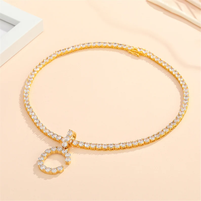 Iced Out Custom Personalized CZ Diamond A to Z Letter Pendant Initial Necklace Tennis Chain-silviax
