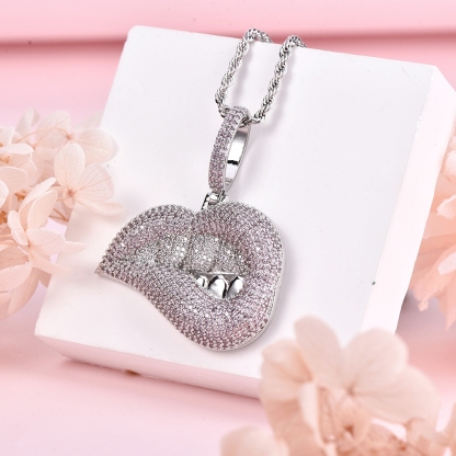 Hip Hop Style Iced Out Zirconia Bling Lip Kiss Pendant Necklace-silviax