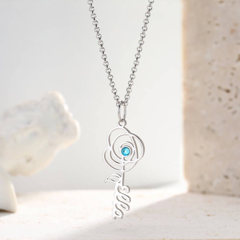 Flower Vertical Pendant With Birthstone Personalized Custom Name Necklace Mother Gift-silviax