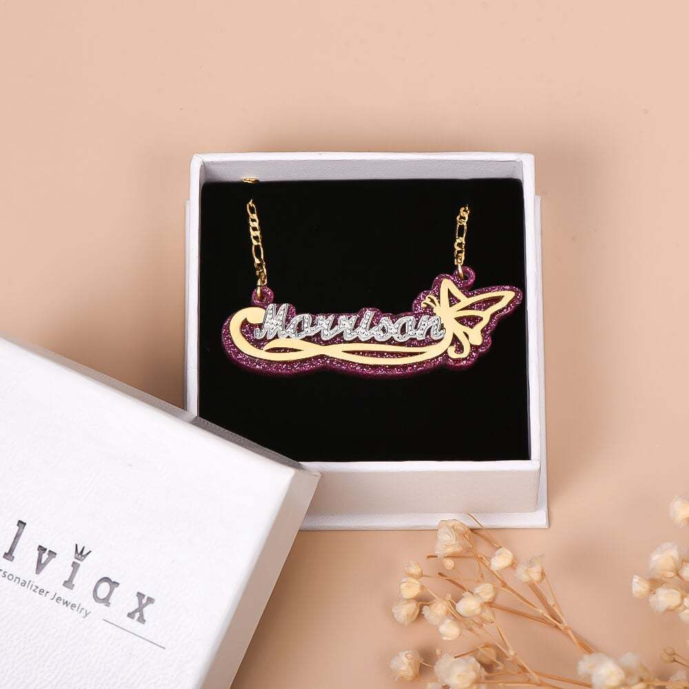 Acrylic Double Layer Two Tone Butterfly Personalized Custom Gold Plated Name Necklace-silviax