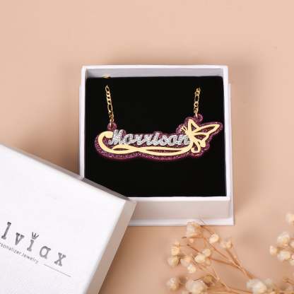 Acrylic Double Layer Two Tone Butterfly Personalized Custom Gold Plated Name Necklace-silviax