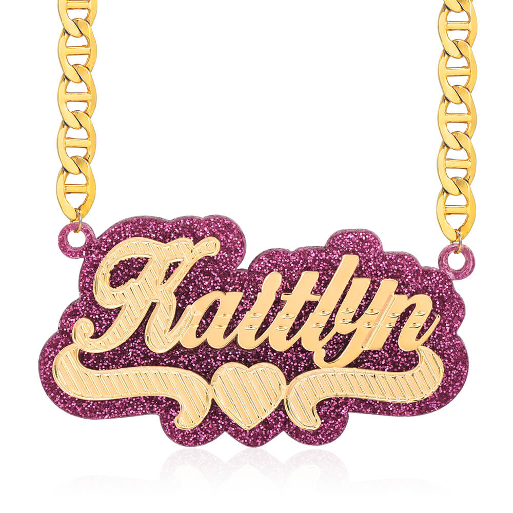 Pink Acrylic Double Layer Heart Personalized Custom Gold Plated Name Necklace-silviax