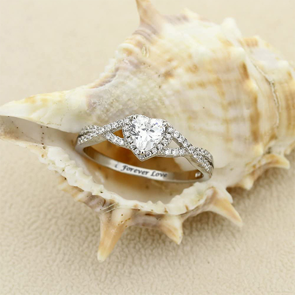 Sterling Silver Moissanite Heart Clear Promise Ring Personalized Engraved Ring-silviax