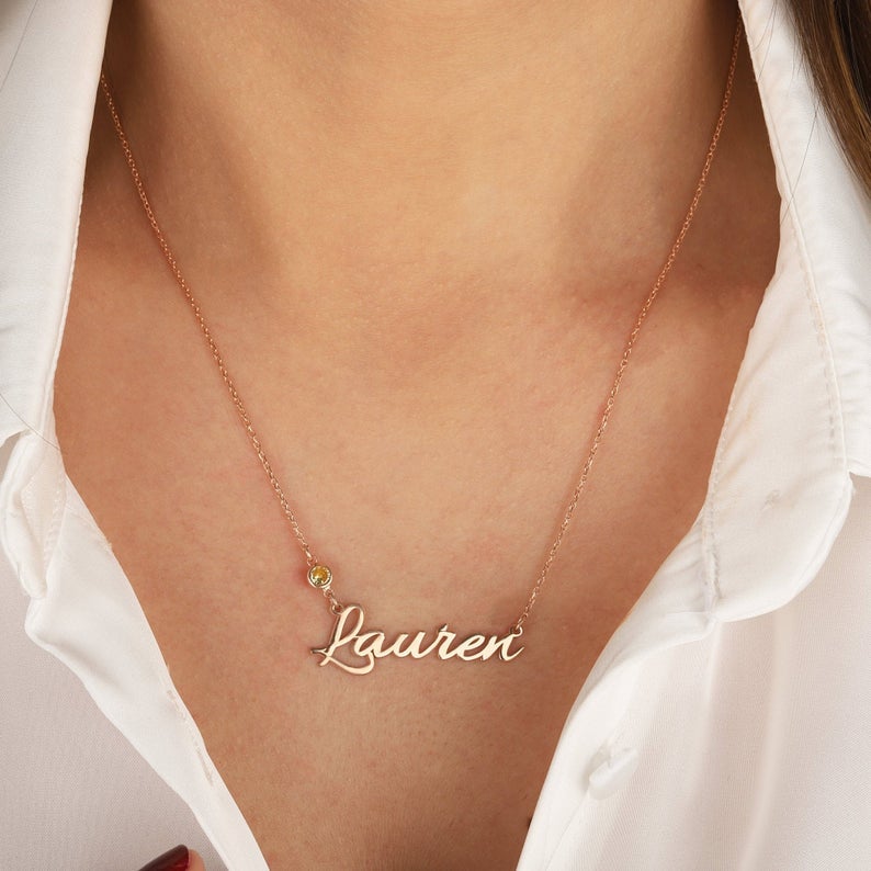 Personalized Signature with Birthstone Gold Plated Custom Handwriting Necklace-silviax