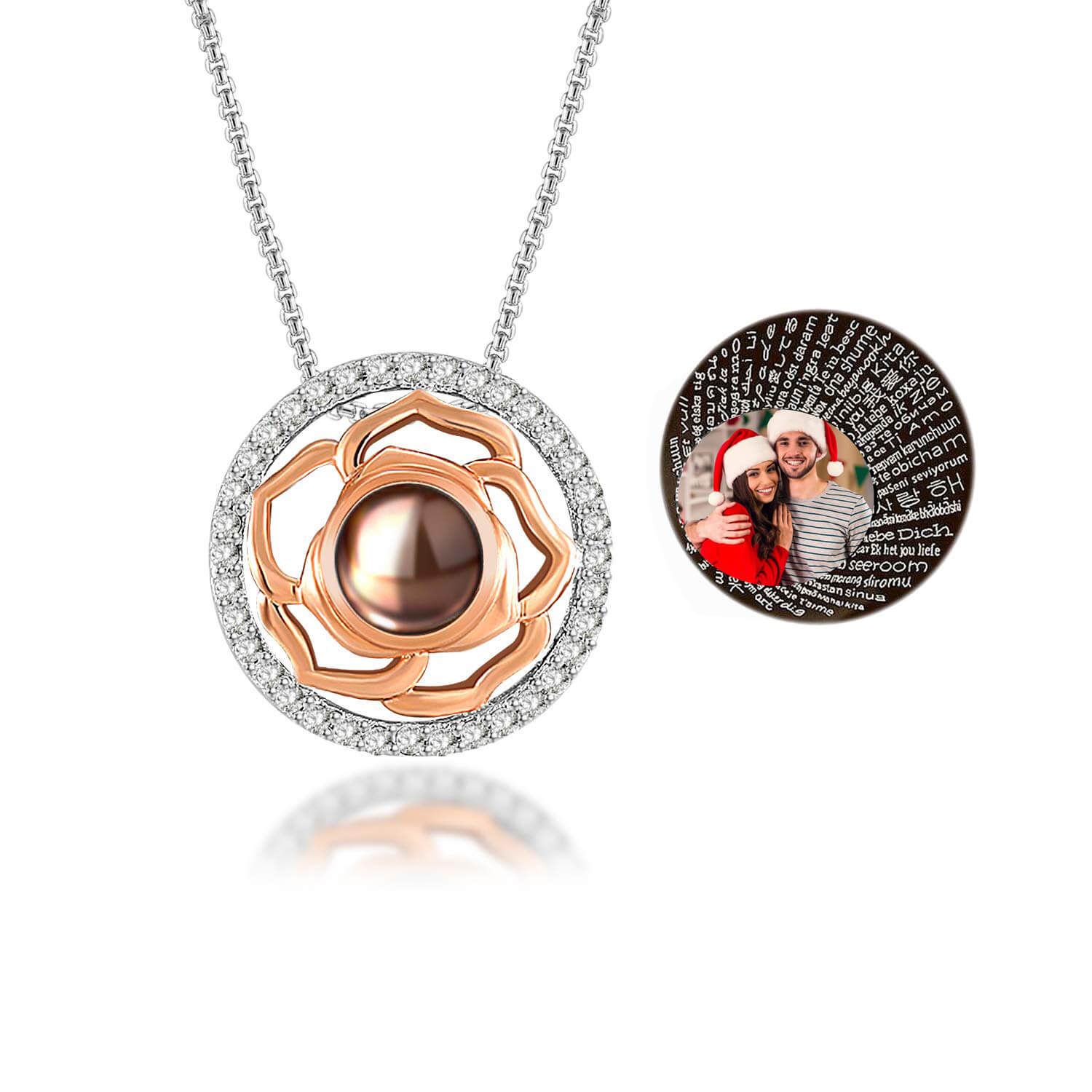 Two Tone Rose Flower Pendant Color Photo And 100 Languages "I Love You" Projection Personalized Custom Photo Necklace-silviax