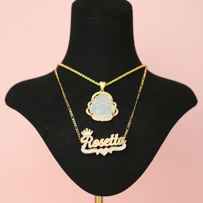 Personalized Jewelry Set Smile Maitreya Buddha Pendant and Crown Heart Name Necklace-silviax