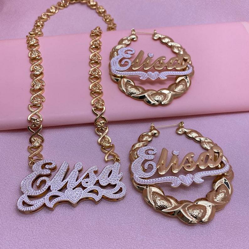 Double Layer Two Tone Personalized Custom Gold Plated XOXO Chain Name Necklace and XOXO Bamboo Hoop Name Earrings Set-silviax