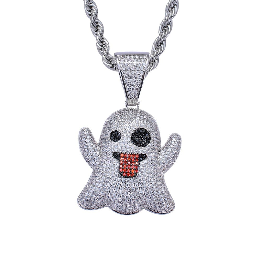Hip Hop Shiny Emoji Ghost Iced Out Pendant Necklace White Gold Jewelry for Men and Women-silviax