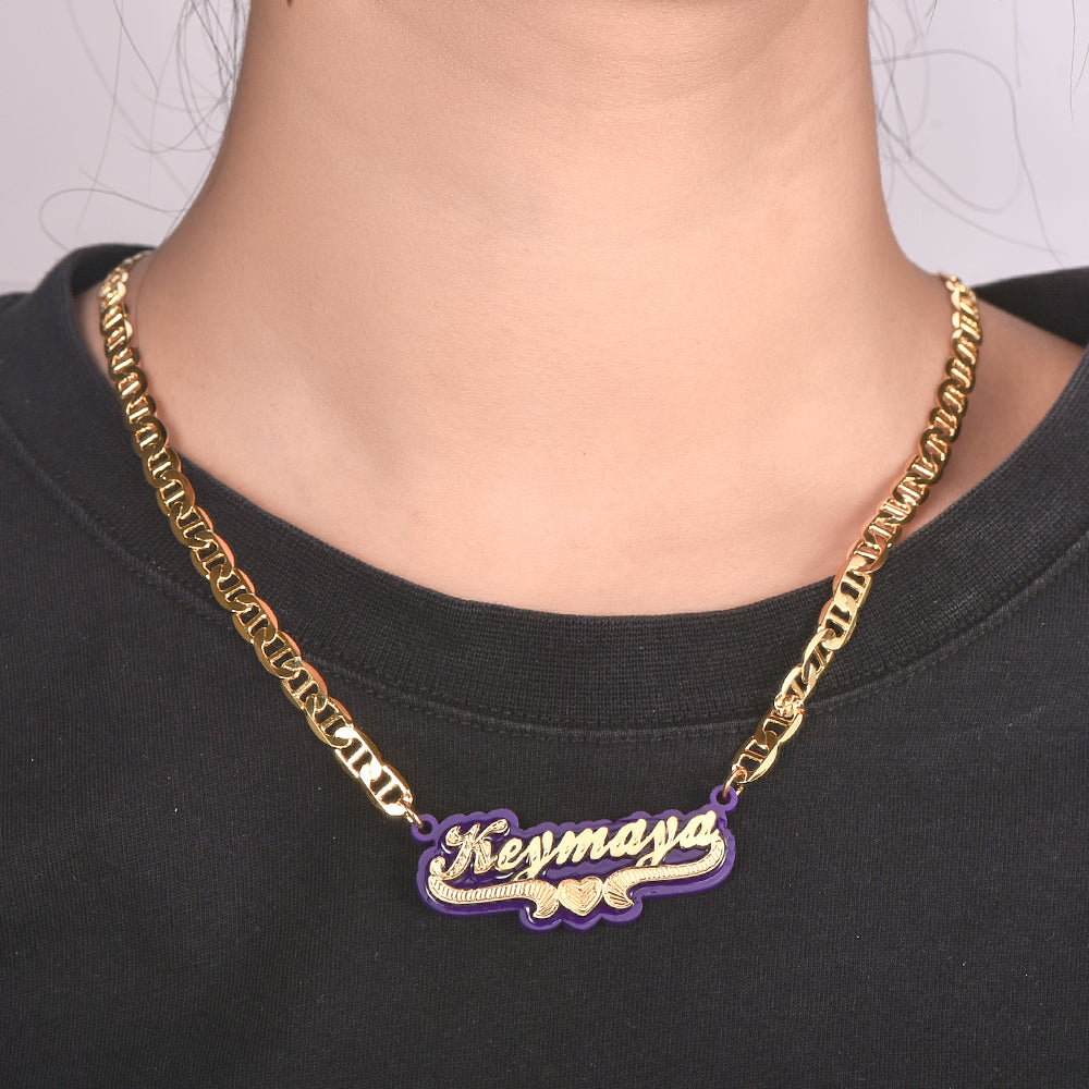 Purple Acrylic with Heart Double Layer Personalized Custom Gold Plated Name Necklace And Name Stud Earring Set-silviax