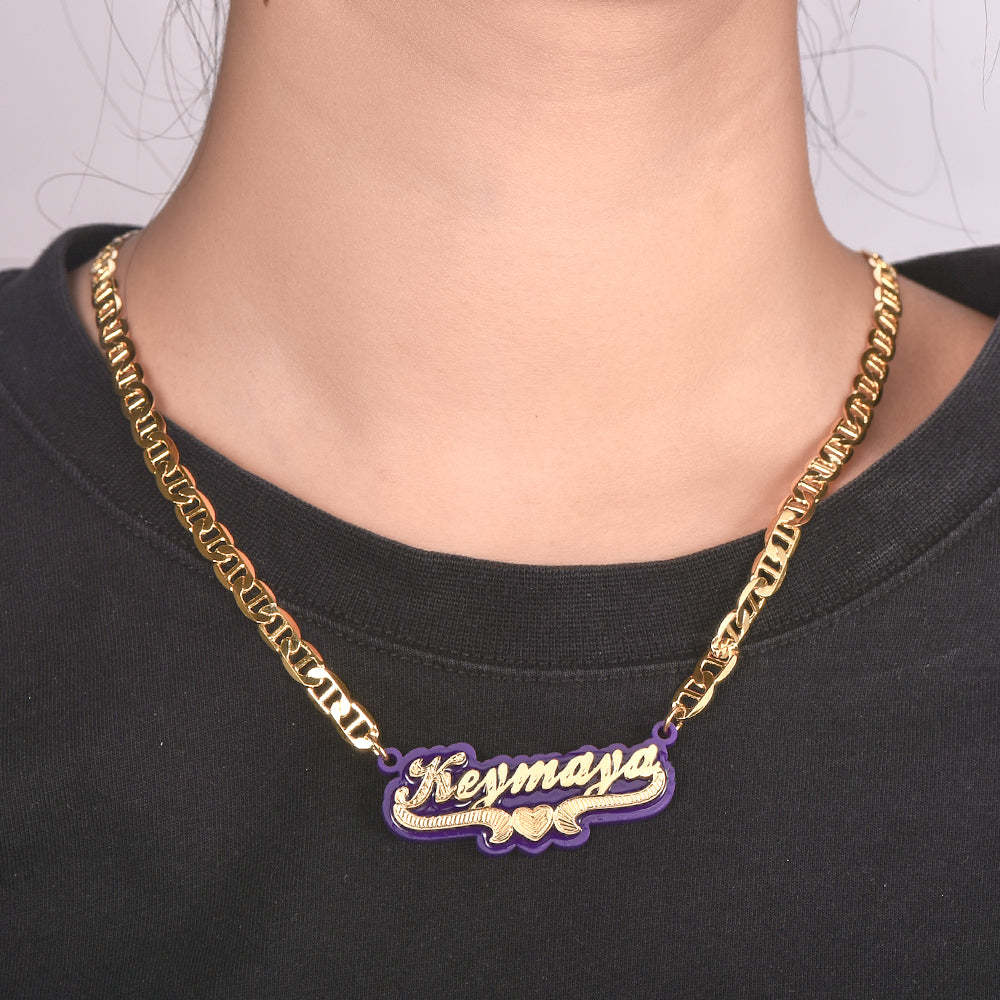 Purple Acrylic with Heart Double Layer Personalized Custom Gold Plated Name Necklace And Name Stud Earring Set-silviax