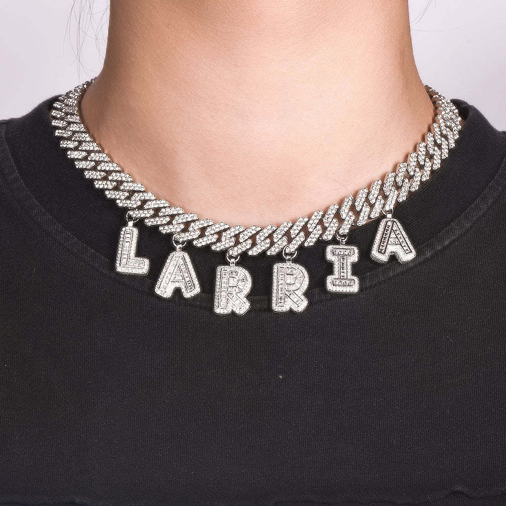 Hip Hop Cubic Zirconia Capital Letter Choker Cuban Chain Necklace-silviax