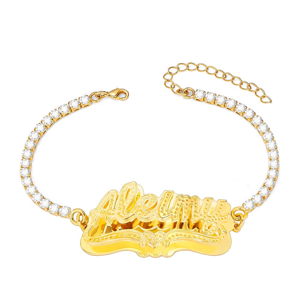 Double Plate Heart Nameplate with Tennis Chain Personalized Custom Gold Plated Name Bracelet-silviax