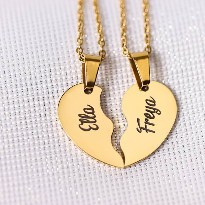 Split Heart Pendant Engraved Personalised Custom Gold Plated  Couples Necklaces Valentine's Day Gifts for Boyfriend Girlfriend-silviax