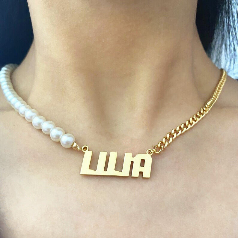 Pearl Chain Plus Cuban Chain Capital Letter Personalized Custom Gold Plated Name Necklace-silviax