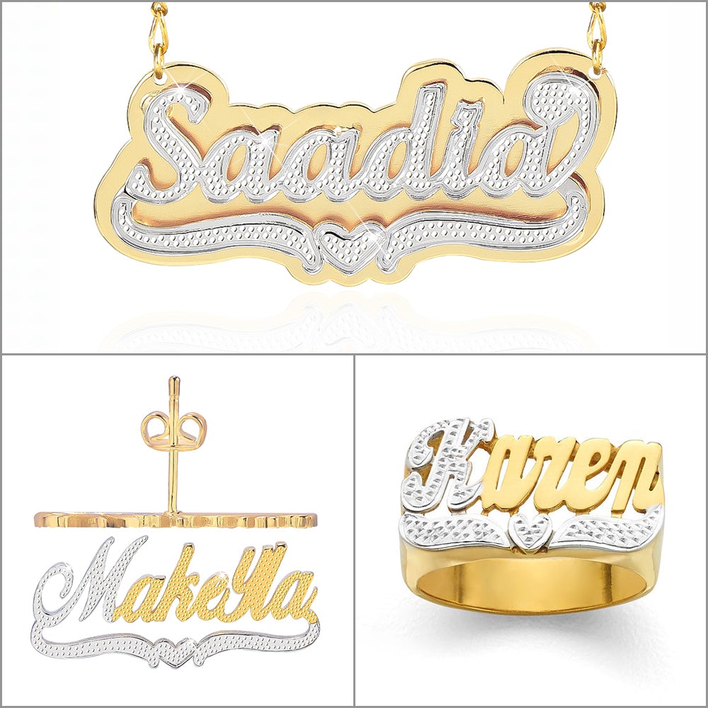 Two Tone Heart Personalized Custom Name Earrings Ring and Double Plate Necklace Gold Plated Set-silviax