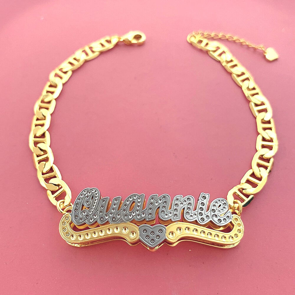Double Layer Two Tone 3D Nameplate With Heart Personalized Custom Gold Plated Name Bracelet-silviax