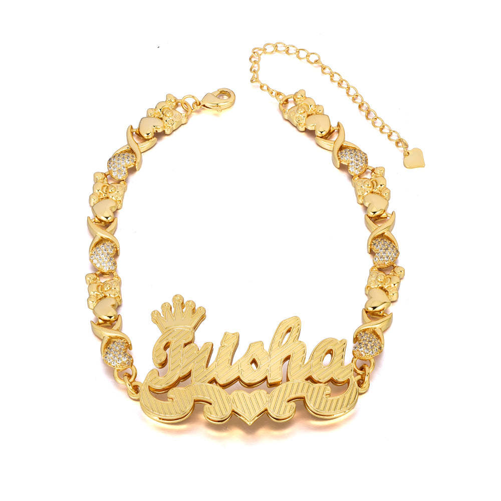 Teddy XOXO Chain Double Layer Crown Heart Personalized Custom Gold Plated Name Bracelet-silviax