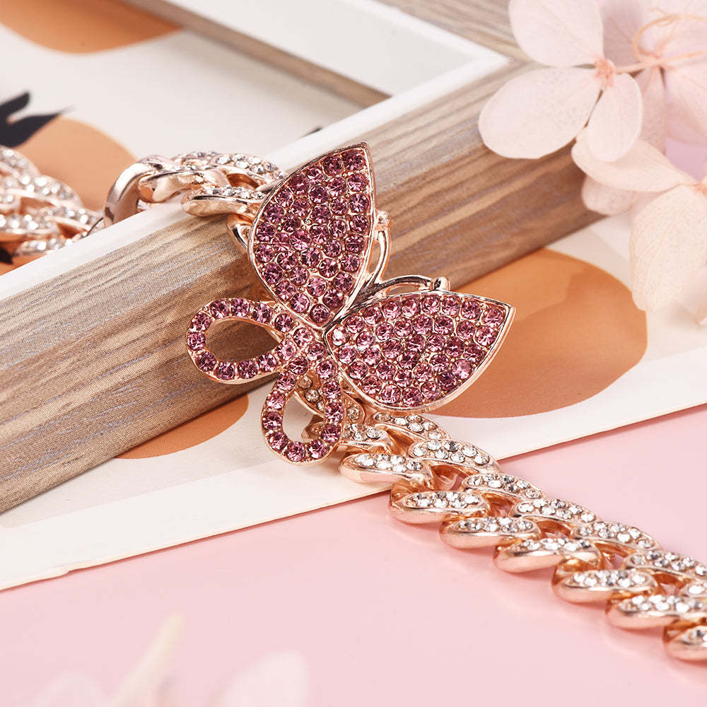 Hip Hop Cubic Zirconia Butterfly Choker Cuban Chain Necklace-silviax