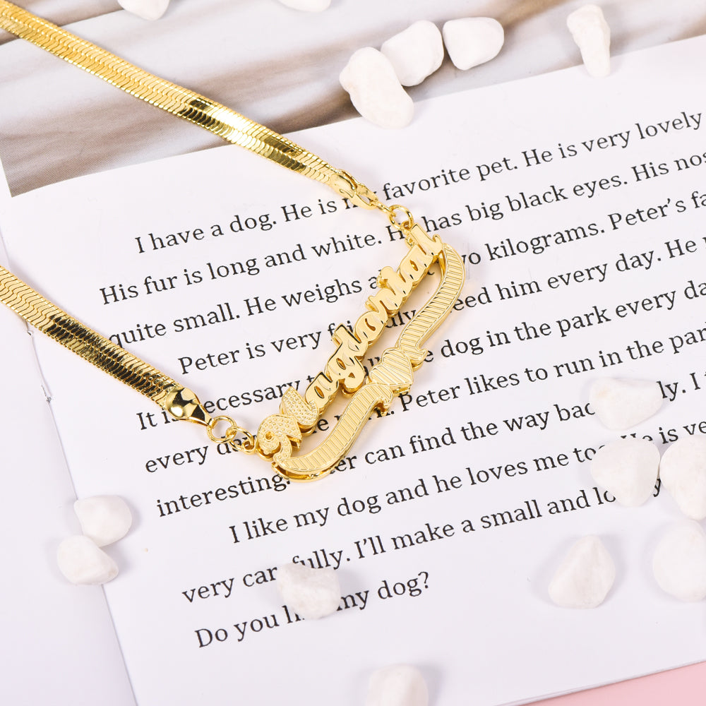 Double Layer Heart Nameplate with Herringbone Snake Chain Name Necklace And Bamboo Earrings Set-silviax
