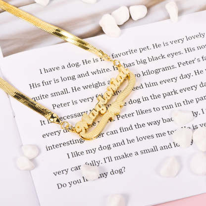 Double Layer Heart Nameplate with Herringbone Snake Chain Name Necklace And Bamboo Earrings Set-silviax