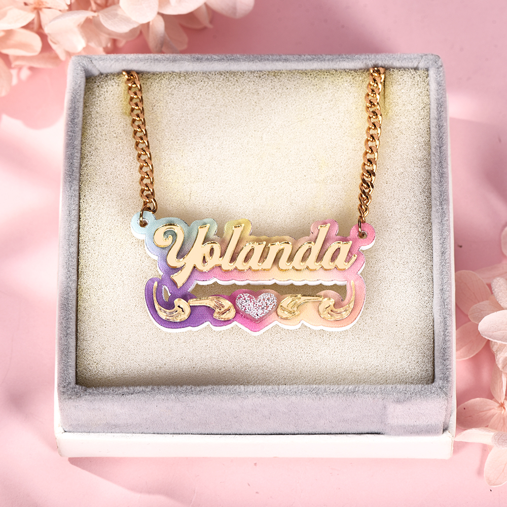 Personalized Custom Double Plate Colorful Acrylic Nameplate with Heart Gold Plated Name Necklace-silviax