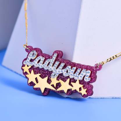 Double Plate Acrylic Two Tone Stars Personalized Custom Gold Plated Name Necklace-silviax