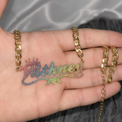 Personalized Cuban Chain Colorful Crown Name Necklace with Heart-silviax