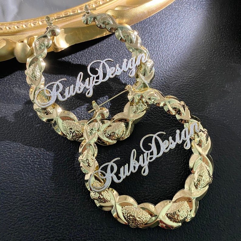 XOXO Bamboo Earrings Two Tone Gold Plated Personalized Custom Name Earrings-silviax