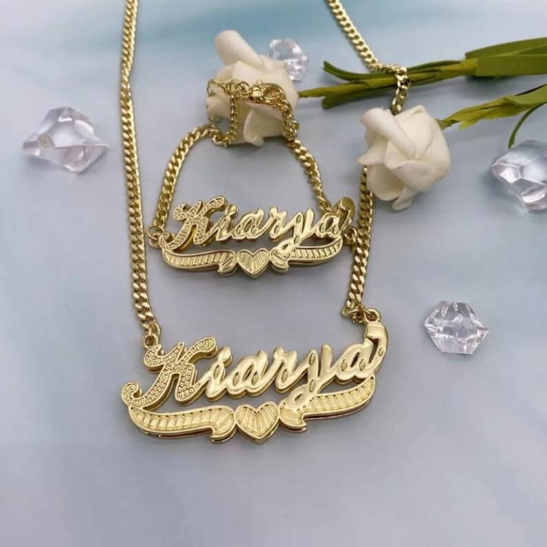 Double Layer With Heart Nameplate Personalized Custom Gold Plated Name Necklace and Bracelet Set-silviax