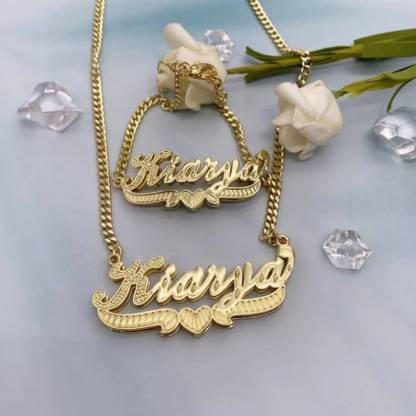 Double Layer With Heart Nameplate Personalized Custom Gold Plated Name Necklace and Bracelet Set-silviax