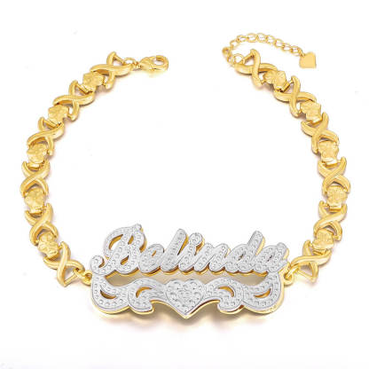 Double Layer Two Tone Nameplate XOXO Heart Chain Personalized Custom Gold Plated Name Bracelet-silviax